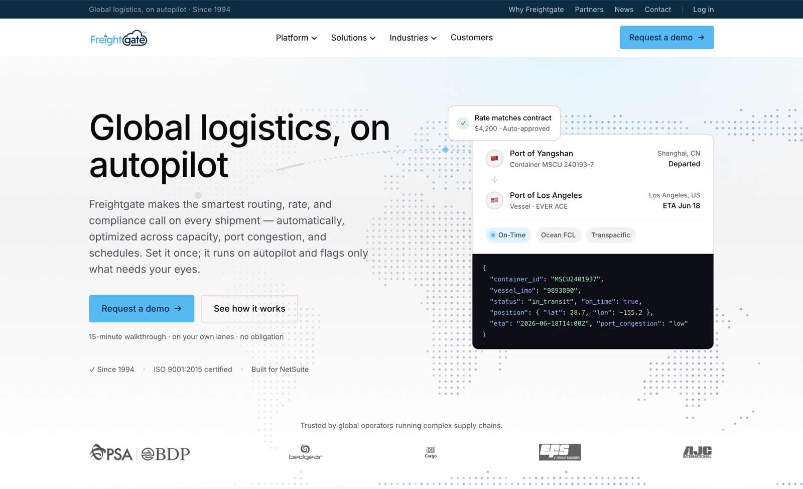 The redesigned FreightGate website at go.freightgate.com, a modern B2B SaaS site by Tusk Creative Studios.