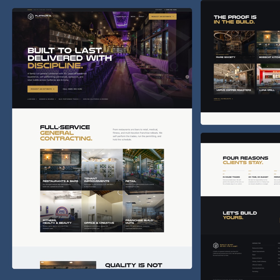 Platinum X Construction website homepage designed by Tusk Creative Studios.