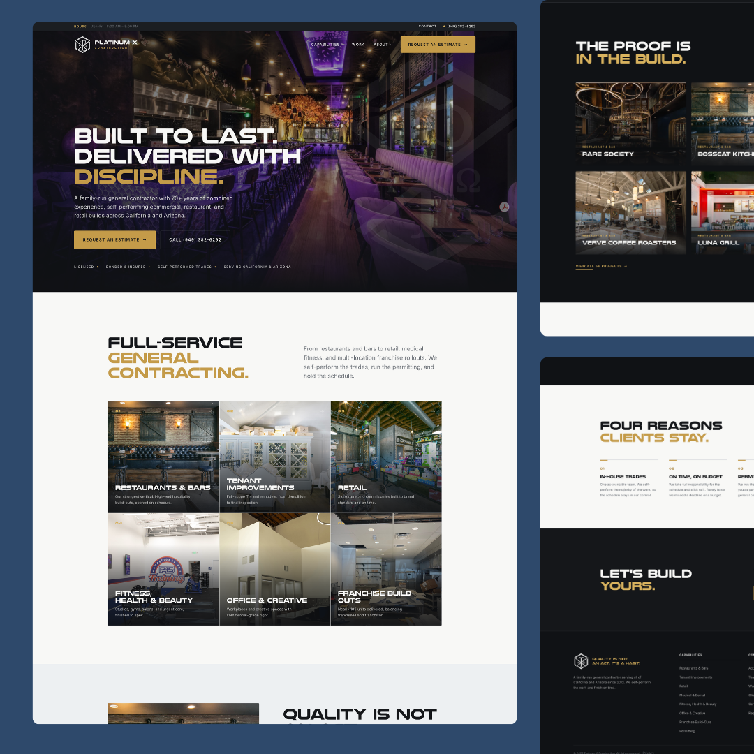 Platinum X Construction general contractor website by Tusk Creative Studios.