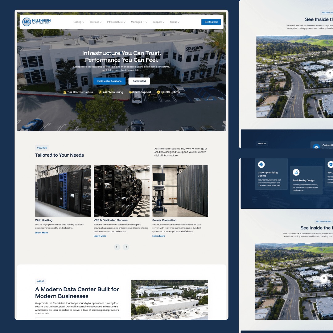 Millennium Systems hosting and data center website designed by Tusk Creative Studios.